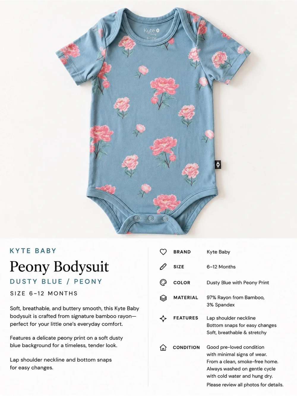 Kyte Baby Peony Dusty Blue Bamboo Bodysuit Onesie 6–12M Floral